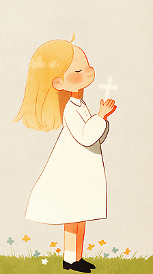 JPG 전신 원피스 여자 꽃 기독교 어린이 십자가 일러스트 한명 서기 들기 소녀 초원 평화 눈감음 기도 소녀한명만 국내일러스트 AI일러스트 AI콘텐츠 식물 1 옷 종교 컨셉 모션 사람 여자한명만 소녀만 파일형식