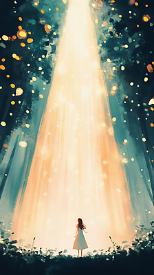 JPG 전신 원피스 여자 어린이 잎 일러스트 자연 한명 서기 소녀 풀 숲속 스포트라이트 별빛 소녀한명만 국내일러스트 AI일러스트 AI콘텐츠 식물 1 옷 별 모션 사람 빛 숲 생태계 여자한명만 소녀만 파일형식