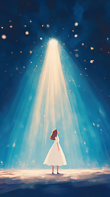 JPG 전신 원피스 여자 어린이 일러스트 한명 서기 소녀 파란색 빛 올려보기 스포트라이트 소녀한명만 국내일러스트 AI일러스트 AI콘텐츠 1 옷 컬러 모션 사람 여자한명만 소녀만 파일형식