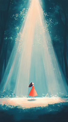 JPG 전신 나무 원피스 여자 어린이 일러스트 자연 한명 서기 소녀 물 빛 올려보기 숲속 스포트라이트 소녀한명만 국내일러스트 AI일러스트 AI콘텐츠 자연요소 식물 1 옷 모션 사람 숲 생태계 여자한명만 소녀만 파일형식