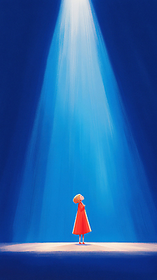 JPG 전신 원피스 여자 어린이 일러스트 한명 서기 소녀 빨간색 파란색 빛 올려보기 스포트라이트 소녀한명만 국내일러스트 AI일러스트 AI콘텐츠 1 옷 컬러 모션 사람 여자한명만 소녀만 파일형식