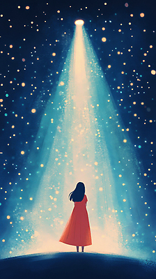 JPG 전신 원피스 여자 어린이 일러스트 한명 서기 소녀 파란색 스포트라이트 별빛 소녀한명만 국내일러스트 AI일러스트 AI콘텐츠 1 옷 별 컬러 모션 사람 빛 여자한명만 소녀만 파일형식