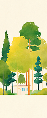 JPG 나무 일러스트 자연 주택 풍경 사람없음 초록색 평화 풀 숲속 국내일러스트 AI일러스트 AI콘텐츠 식물 컬러 컨셉 건물 숲 생태계 파일형식