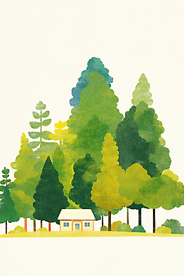 JPG 나무 일러스트 자연 주택 풍경 사람없음 초록색 평화 풀 숲속 국내일러스트 AI일러스트 AI콘텐츠 식물 컬러 컨셉 건물 숲 생태계 파일형식