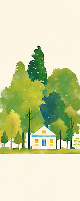JPG 나무 일러스트 자연 주택 풍경 사람없음 초록색 평화 풀 숲속 국내일러스트 AI일러스트 AI콘텐츠 식물 컬러 컨셉 건물 숲 생태계 파일형식