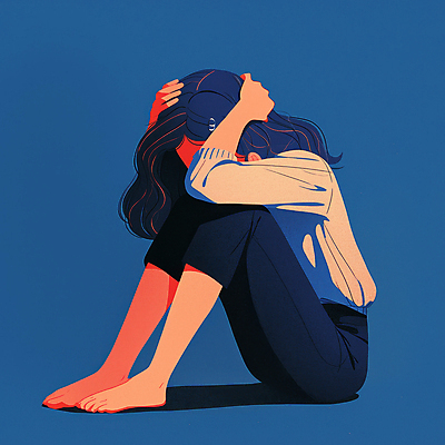 JPG 전신 긴머리 여자 일러스트 맨발 한명 앉기 성인 파란색 슬픔 불안 웅크림 감싸기 우울감 성인여자한명만 국내일러스트 AI일러스트 AI콘텐츠 1 헤어스타일 감정 컬러 모션 발 사람 여자한명만 성인여자만 파일형식