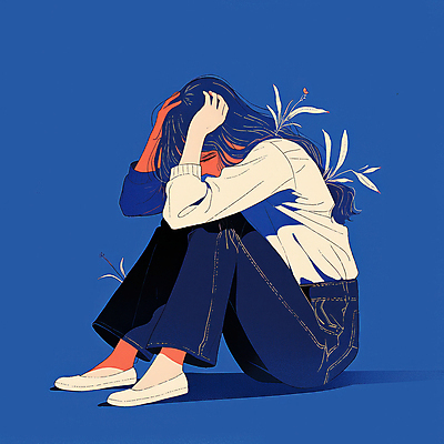 JPG 전신 긴머리 여자 잎 일러스트 한명 앉기 성인 파란색 슬픔 청바지 불안 흰옷 웅크림 감싸기 우울감 성인여자한명만 국내일러스트 AI일러스트 AI콘텐츠 식물 1 헤어스타일 옷 감정 컬러 바지 모션 사람 여자한명만 성인여자만 파일형식