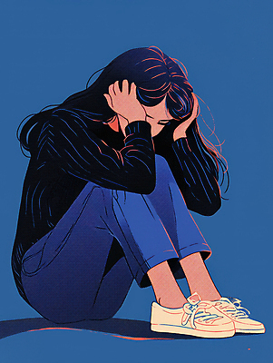 JPG 전신 긴머리 여자 일러스트 한명 앉기 성인 파란색 슬픔 청바지 불안 웅크림 우울감 성인여자한명만 국내일러스트 AI일러스트 AI콘텐츠 1 헤어스타일 감정 컬러 바지 모션 사람 여자한명만 성인여자만 파일형식