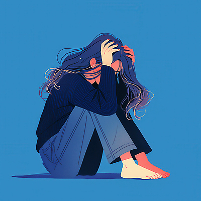 JPG 전신 긴머리 여자 일러스트 맨발 한명 앉기 성인 파란색 슬픔 청바지 고독 불안 웅크림 감싸기 우울감 성인여자한명만 국내일러스트 AI일러스트 AI콘텐츠 1 헤어스타일 감정 컬러 바지 모션 발 사람 여자한명만 성인여자만 파일형식