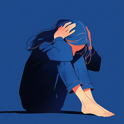 JPG 전신 긴머리 여자 일러스트 맨발 한명 앉기 성인 파란색 슬픔 고독 불안 웅크림 우울감 성인여자한명만 국내일러스트 AI일러스트 AI콘텐츠 1 헤어스타일 감정 컬러 모션 발 사람 여자한명만 성인여자만 파일형식