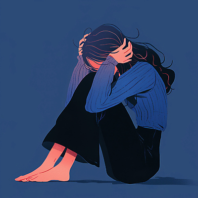 JPG 전신 긴머리 여자 포즈 일러스트 맨발 한명 앉기 성인 파란색 슬픔 고독 불안 흰옷 웅크림 감싸기 우울감 성인여자한명만 국내일러스트 AI일러스트 AI콘텐츠 1 헤어스타일 옷 감정 컬러 모션 발 사람 여자한명만 성인여자만 파일형식