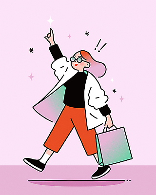 전신 여자 분홍색 겨울 일러스트 한명 웃음 들기 이벤트 성인 반짝임 쇼핑 쇼핑백 걷기 가을 가리킴 느낌표 즐거움 연말 성인여자한명만 안경낌 국내일러스트 AI파일 1 기호 계절 감정 안경 컬러 가방 모션 표정 사람 손짓 여자한명만 성인여자만 파일형식 벡터