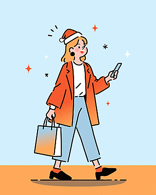 전신 여자 크리스마스 겨울 일러스트 산타모자 한명 웃음 들기 이벤트 성인 반짝임 스마트폰 쇼핑 쇼핑백 걷기 가을 즐거움 연말 성인여자한명만 국내일러스트 AI파일 모자_잡화 1 계절 기념일 감정 가방 모션 표정 사람 핸드폰 스마트기기 여자한명만 성인여자만 파일형식 벡터