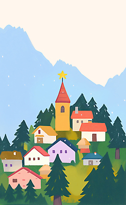 PSD 나무 크리스마스 겨울 일러스트 하늘 산 주택 풍경 사람없음 교회 마을 눈 숲 국내일러스트 자연요소 식물 계절 기념일 종교건축 날씨 건물 파일형식