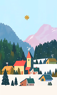 PSD 나무 별 크리스마스 겨울 일러스트 하늘 주택 풍경 사람없음 교회 마을 눈 숲 국내일러스트 자연요소 식물 계절 기념일 종교건축 날씨 건물 파일형식