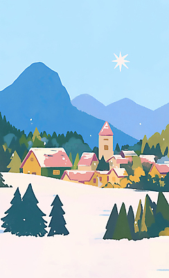PSD 나무 별 크리스마스 겨울 일러스트 하늘 산 주택 풍경 사람없음 교회 마을 눈 숲 국내일러스트 자연요소 식물 계절 기념일 종교건축 날씨 건물 파일형식