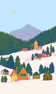 PSD 나무 별 크리스마스 겨울 일러스트 하늘 산 주택 풍경 사람없음 교회 마을 눈 숲 국내일러스트 자연요소 식물 계절 기념일 종교건축 날씨 건물 파일형식