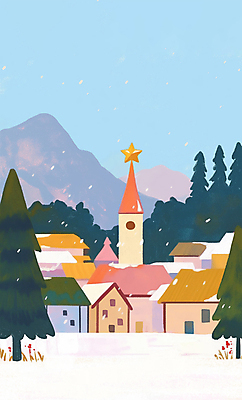 PSD 나무 별 크리스마스 겨울 일러스트 하늘 산 주택 풍경 사람없음 초록색 교회 마을 눈 숲 국내일러스트 자연요소 식물 계절 기념일 컬러 종교건축 날씨 건물 파일형식