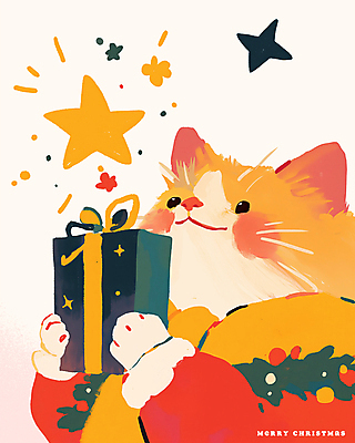 자연요소 식물 잡화 옷 컨셉 크리스마스 포유류 모션 표정 선물 반려동물 상자 파일형식 산타옷 목도리 잎 반짝임 별 귀여움 사람없음 PSD 일러스트 국내일러스트 선물상자 들기 따뜻함 크리스마스선물 미소 고양이