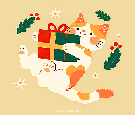 PSD 꽃 일러스트 안기 따뜻함 크리스마스선물 미소 사람없음 선물상자 눕기 귀여움 고양이 호랑가시나무열매 국내일러스트 식물 열매 컨셉 크리스마스 포유류 모션 표정 선물 반려동물 상자 파일형식