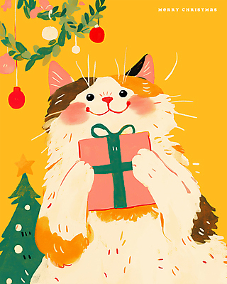 식물 컬러 컨셉 크리스마스장식 크리스마스 포유류 모션 표정 선물 반려동물 상자 파일형식 크리스마스트리 잎 오너먼트 귀여움 사람없음 노란색 PSD 일러스트 국내일러스트 선물상자 들기 따뜻함 크리스마스선물 미소 고양이