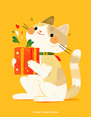 PSD 일러스트 안기 따뜻함 크리스마스선물 미소 들기 사람없음 선물상자 노란색 귀여움 고양이 하트 국내일러스트 고양이목걸이 모양 컬러 컨셉 크리스마스 포유류 모션 표정 선물 반려동물 상자 파일형식 애묘용품