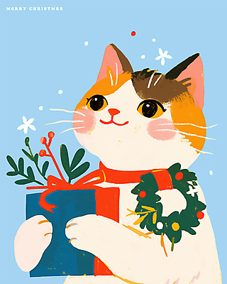 PSD 하늘색 잎 일러스트 따뜻함 크리스마스선물 미소 들기 사람없음 선물상자 귀여움 고양이 크리스마스리스 국내일러스트 고양이목걸이 식물 컨셉 크리스마스 포유류 모션 표정 선물 파란색 반려동물 상자 화환 파일형식 애묘용품