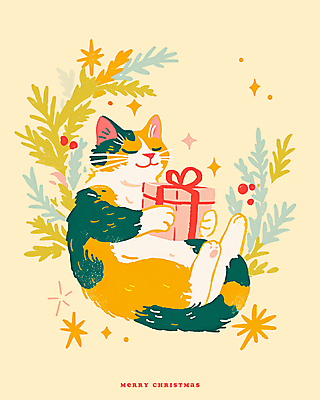 식물 컬러 컨셉 크리스마스 포유류 모션 표정 선물 반려동물 상자 파일형식 리본 눈감음 반짝임 선물상자 잎 안기 귀여움 사람없음 노란색 PSD 일러스트 국내일러스트 따뜻함 크리스마스선물 미소 고양이