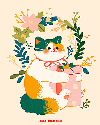 식물 컨셉 크리스마스 포유류 모션 표정 선물 반려동물 상자 화환 파일형식 리본 잎 앉기 안기 선물상자 귀여움 사람없음 PSD 일러스트 국내일러스트 따뜻함 크리스마스선물 미소 크리스마스리스 고양이