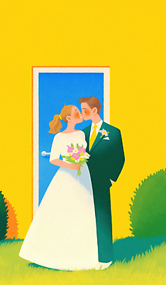 JPG 여자 남자 행복 신부 부케 웨딩드레스 신랑 일러스트 결혼식 키스 사랑 미소 웃음 정장 잔디 성인 두명 파란색 노란색 로맨틱 성인만 웨딩촬영 국내일러스트 AI일러스트 AI콘텐츠 식물 드레스 옷 감정 컬러 꽃다발 결혼 컨셉 표정 사람 애정표현 기념사진 파일형식