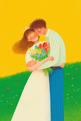 JPG 여자 남자 행복 신부 부케 웨딩드레스 신랑 일러스트 결혼식 키스 사랑 미소 웃음 잔디 성인 두명 초록색 노란색 로맨틱 성인만 웨딩촬영 국내일러스트 AI일러스트 AI콘텐츠 식물 드레스 감정 컬러 꽃다발 결혼 컨셉 표정 사람 애정표현 기념사진 파일형식