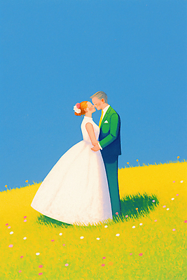 JPG 여자 남자 행복 신부 웨딩드레스 하늘색 신랑 일러스트 하늘 결혼식 키스 사랑 미소 웃음 정장 잔디 성인 두명 로맨틱 들꽃 성인만 웨딩촬영 국내일러스트 AI일러스트 AI콘텐츠 식물 드레스 옷 꽃 감정 결혼 컨셉 표정 사람 파란색 애정표현 기념사진 파일형식