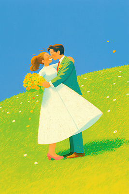 JPG 여자 남자 행복 신부 부케 웨딩드레스 하늘색 신랑 일러스트 하늘 결혼식 키스 사랑 미소 웃음 정장 잔디 성인 두명 연두색 로맨틱 성인만 웨딩촬영 국내일러스트 AI일러스트 AI콘텐츠 식물 드레스 옷 감정 꽃다발 결혼 컨셉 표정 사람 초록색 파란색 애정표현 기념사진 파일형식