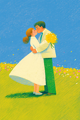 JPG 여자 남자 행복 신부 부케 웨딩드레스 하늘색 신랑 일러스트 하늘 결혼식 키스 사랑 미소 웃음 잔디 성인 두명 연두색 로맨틱 성인만 웨딩촬영 국내일러스트 AI일러스트 AI콘텐츠 식물 드레스 감정 꽃다발 결혼 컨셉 표정 사람 초록색 파란색 애정표현 기념사진 파일형식