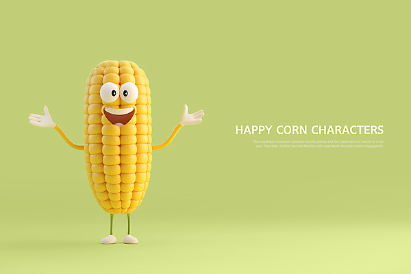 PSD 편집이미지 팔벌리기 3D캐릭터 의인화 옥수수 웃음 사람없음 연두색 노란색 손들기 귀여움 음식캐릭터 옥수수캐릭터 편집3D 캐릭터 음식 컬러 컨셉 모션 곡류 표정 초록색 3D 채소캐릭터 파일형식