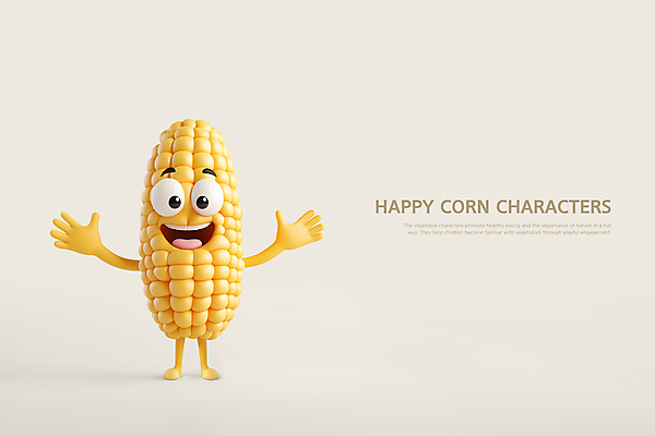PSD 편집이미지 팔벌리기 3D캐릭터 의인화 옥수수 웃음 사람없음 노란색 귀여움 만세 음식캐릭터 환영 베이지색 옥수수캐릭터 편집3D 캐릭터 음식 컬러 컨셉 모션 곡류 표정 3D 채소캐릭터 파일형식