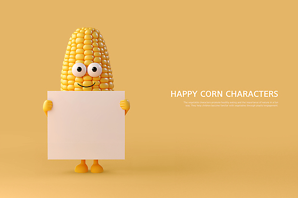 PSD 편집이미지 종이 프레임 3D캐릭터 의인화 옥수수 웃음 들기 사람없음 노란색 귀여움 팻말 음식캐릭터 옥수수캐릭터 카피스페이스 편집3D 캐릭터 음식 컬러 컨셉 모션 곡류 표정 3D 공백 채소캐릭터 파일형식