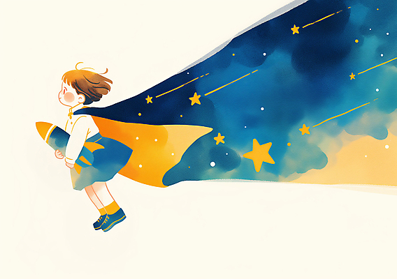 JPG 전신 남자 별 어린이 일러스트 상상 미래 한명 들기 소년 우주 꿈 로켓 탐험 비행 유성 망토 남색 상상력 소년한명만 국내일러스트 AI일러스트 AI콘텐츠 자연요소 1 컬러 컨셉 모션 사람 남자한명만 소년만 파일형식