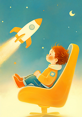 JPG 전신 남자 어린이 의자 일러스트 상상 밤하늘 미래 한명 앉기 소년 파란색 노란색 우주 꿈 로켓 달 상상력 소년한명만 국내일러스트 AI일러스트 AI콘텐츠 자연요소 1 컬러 가구 컨셉 모션 하늘 사람 야간 남자한명만 소년만 파일형식
