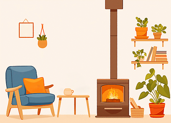 JPG 화분 화초 액자 쿠션 겨울 일러스트 불 책장 실내 따뜻함 사람없음 컵 인테리어 소파 방 편안함 장작 벽난로 국내일러스트 AI일러스트 AI콘텐츠 자연요소 식물 식기 디자인 계절 가구 의자 내부 감각 파일형식