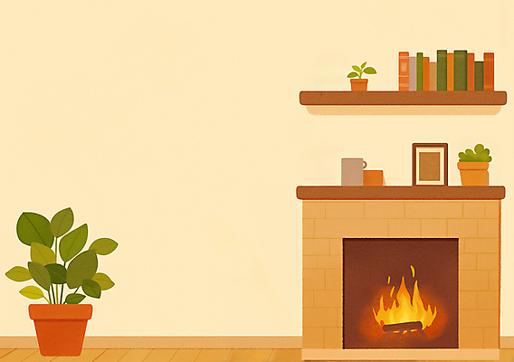 JPG 화분 화초 액자 겨울 일러스트 불 선반 실내 따뜻함 사람없음 책 컵 인테리어 방 편안함 벽난로 미니멀 국내일러스트 AI일러스트 AI콘텐츠 자연요소 식물 식기 디자인 계절 가구 내부 감각 파일형식