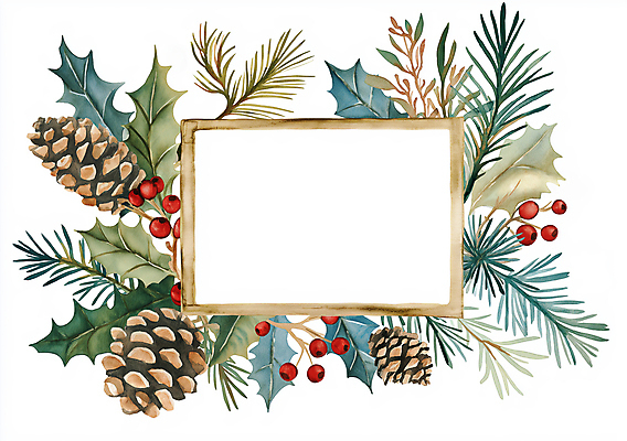 JPG 열매 잎 겨울 일러스트 수채화 크리스마스카드 프레임 사람없음 초록색 갈색 소나무 빈티지 솔방울 호랑가시나무열매 카피스페이스 국내일러스트 AI일러스트 AI콘텐츠 나무 식물 계절 컬러 컨셉 크리스마스 카드_감사 공백 파일형식