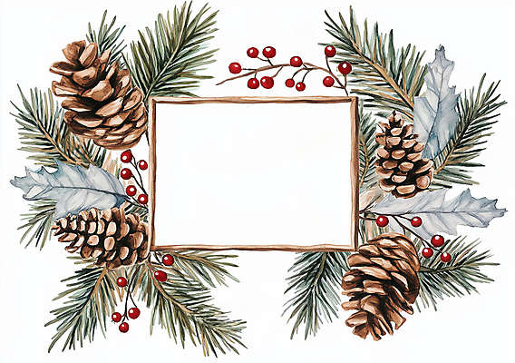 JPG 열매 잎 겨울 일러스트 수채화 크리스마스카드 프레임 사람없음 초록색 갈색 소나무 빈티지 솔방울 카피스페이스 국내일러스트 AI일러스트 AI콘텐츠 나무 식물 계절 컬러 컨셉 크리스마스 카드_감사 공백 파일형식