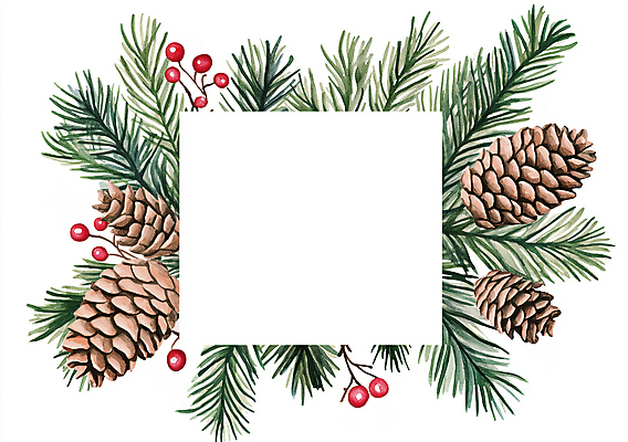 JPG 열매 잎 겨울 일러스트 수채화 크리스마스카드 프레임 사람없음 초록색 갈색 소나무 빈티지 솔방울 카피스페이스 국내일러스트 AI일러스트 AI콘텐츠 나무 식물 계절 컬러 컨셉 크리스마스 카드_감사 공백 파일형식