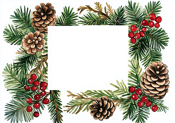 JPG 열매 잎 겨울 일러스트 수채화 크리스마스카드 프레임 사람없음 초록색 갈색 소나무 빈티지 솔방울 카피스페이스 국내일러스트 AI일러스트 AI콘텐츠 나무 식물 계절 컬러 컨셉 크리스마스 카드_감사 공백 파일형식