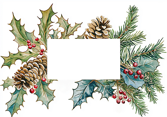 JPG 잎 겨울 일러스트 수채화 크리스마스카드 프레임 사람없음 초록색 갈색 소나무 빈티지 솔방울 호랑가시나무열매 카피스페이스 국내일러스트 AI일러스트 AI콘텐츠 나무 식물 계절 열매 컬러 컨셉 크리스마스 카드_감사 공백 파일형식
