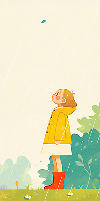 JPG 전신 나무 여자 어린이 일러스트 나뭇잎 장화 한명 서기 소녀 초록색 노란색 올려보기 비 우비 소녀한명만 국내일러스트 AI일러스트 AI콘텐츠 자연요소 식물 1 옷 컬러 신발 잎 모션 날씨 사람 여자한명만 소녀만 파일형식