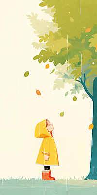 JPG 전신 나무 여자 어린이 일러스트 나뭇잎 장화 한명 서기 소녀 초록색 노란색 올려보기 비 우비 소녀한명만 국내일러스트 AI일러스트 AI콘텐츠 자연요소 식물 1 옷 컬러 신발 잎 모션 날씨 사람 여자한명만 소녀만 파일형식