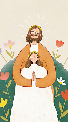 JPG 여자 남자 꽃 어린이 일러스트 안기 사랑 소녀 성인 두명 평화 화관 희망 기도 예수 하나님 손모으기 국내일러스트 AI일러스트 AI콘텐츠 식물 감정 컨셉 모션 사람 손짓 신_종교 파일형식