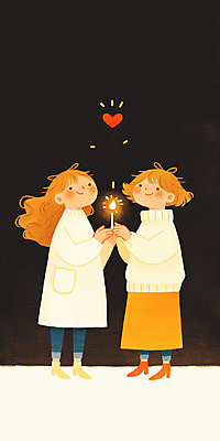 JPG 전신 여자 어린이 겨울 일러스트 촛불 따뜻함 소녀 두명 갈색 로맨틱 하트 심플 감성 소녀만 국내일러스트 AI일러스트 AI콘텐츠 모양 계절 컬러 컨셉 초 사람 여자만 어린이만 파일형식